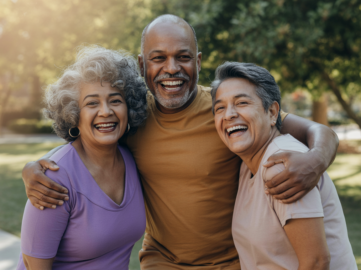 Three BIPOC seniors smiling together outdoors