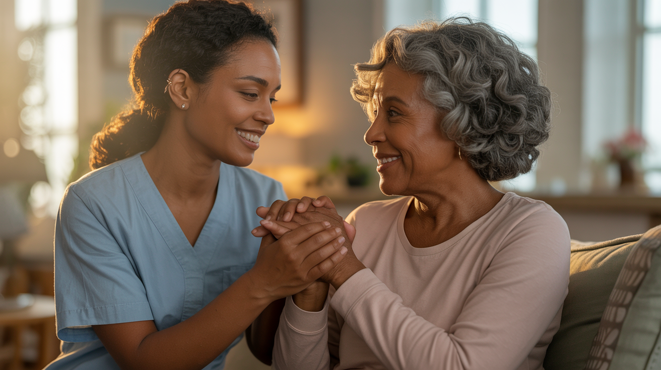 A caregiver lovingly supporting a cancer survivor