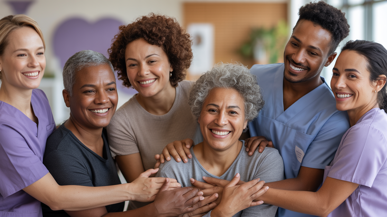 Diverse cancer survivors, caregivers, and healthcare professionals smiling together