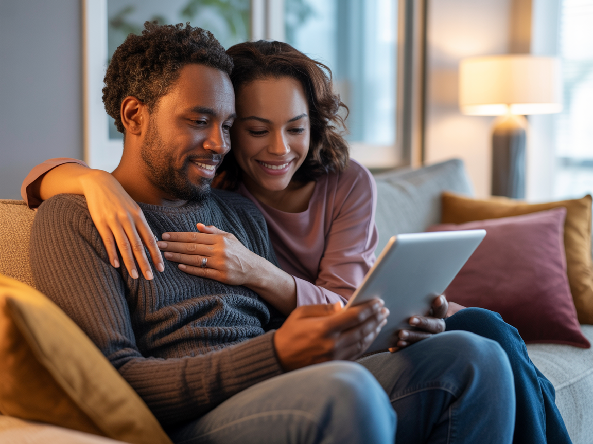 Black couple using tablet together on couch, reviewing health information