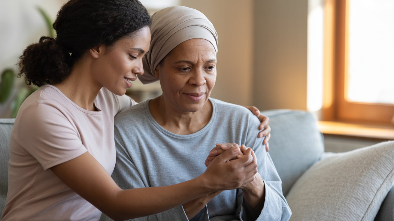 Caregiver comforting a cancer patient with warmth and compassion