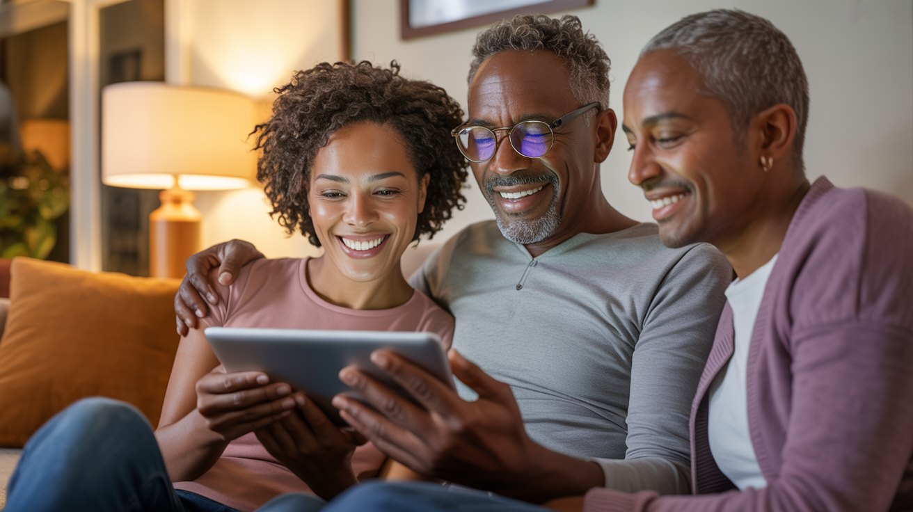Black family looking at a tablet together, navigating cancer care